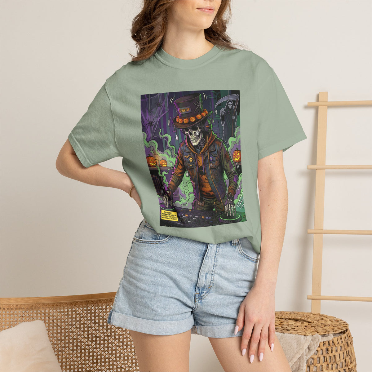 Skeleton DJ Halloween T-Shirt | Spooky Vibes, Pumpkin Lights