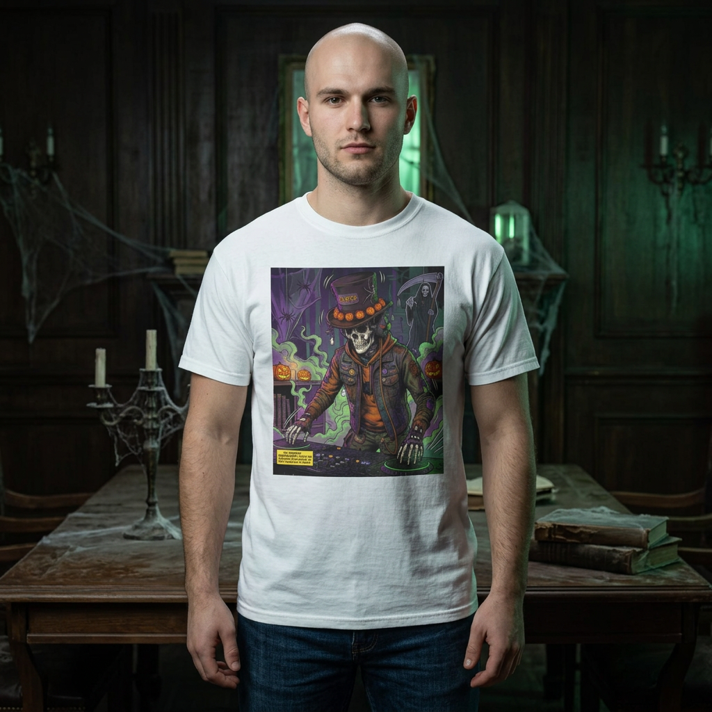 Skeleton DJ Halloween T-Shirt | Spooky Vibes, Pumpkin Lights